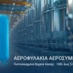 Αεροφυλάκια αεροσυμπιεστών πιστοποιημένα δοχεία πίεσης σε βιομηχανική εγκατάσταση πεπιεσμένου αέρα