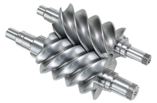 Λεπτομερής απεικόνιση κοχλιών μονάδας συμπίεσης αεροσυμπιεστή που έχει υποστεί πλήρη γενική επισκευή και έλεγχο από την Ανέλιξη Τσικαλουδάκης.