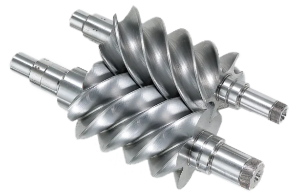 Λεπτομερής απεικόνιση κοχλιών μονάδας συμπίεσης αεροσυμπιεστή που έχει υποστεί πλήρη γενική επισκευή και έλεγχο από την Ανέλιξη Τσικαλουδάκης.