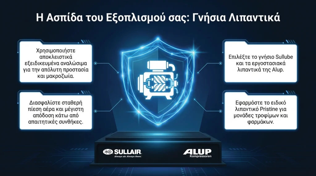 Γνήσια λιπαντικά αεροσυμπιεστών Sullair και Alup από την Ανέλιξη Τσικαλουδάκης.