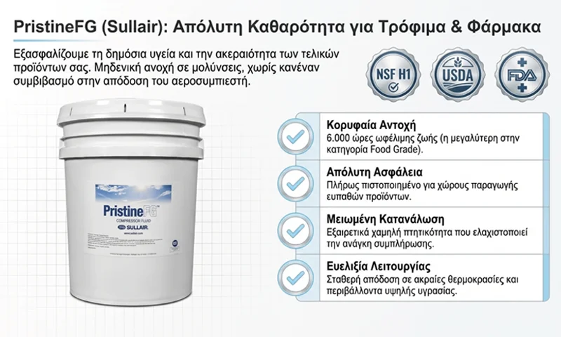 Πιστοποιημένο Food Grade λιπαντικό Pristine FG της Sullair για βιομηχανίες τροφίμων