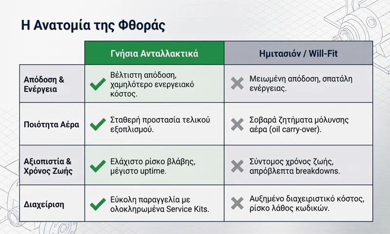 Μήτρα σύγκρισης για γνήσια ανταλλακτικά αεροσυμπιεστών Alup και Sullair, από την ΑΝΕΛΙΞΙΣ ΤΣΙΚΑΛΟΥΔΑΚΗΣ Μαγούλα Αττικής