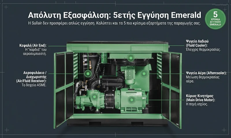 Εσωτερικά εξαρτήματα αεροσυμπιεστή Sullair ShopTek 25-100 hp: κοχλίας, κινητήρας, ψυγείο, EC controller 