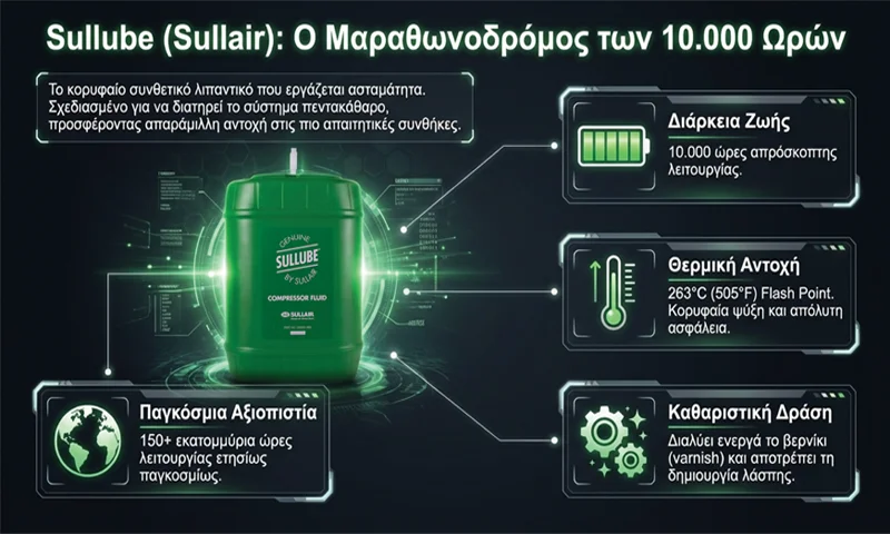 Συνθετικό λιπαντικό Sullube της Sullair για κοχλιοφόρους αεροσυμπιεστές