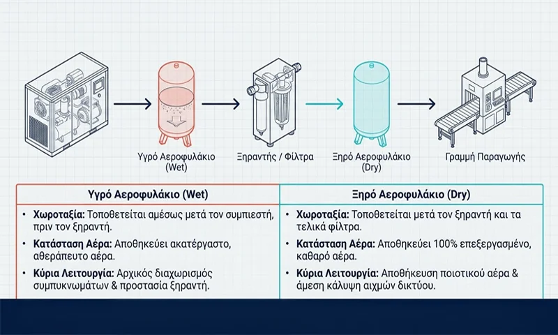 Υγρό και ξηρό αεροφυλάκιο στο δίκτυο πεπιεσμένου αέρα πριν και μετά τον ξηραντήρα (Σχήμα σύνδεσης) 